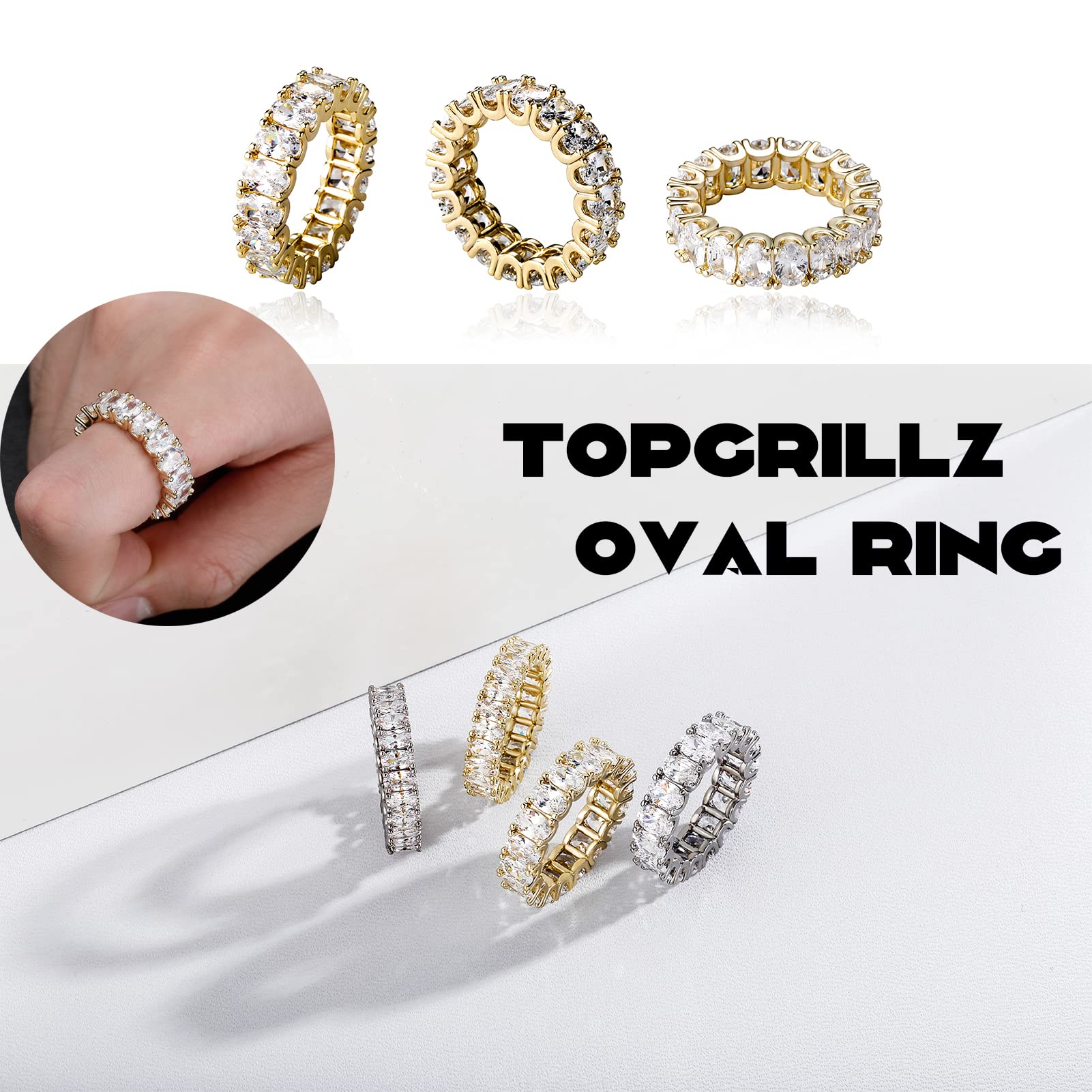 TOPGRILLZ Iced Out Baguette Oval Ring Cubic Zirconia Diamond 14K Gold Silver Band Pinky Eternity Ring for Men Women(Gold, 10)