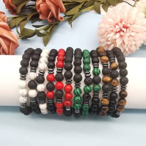 MOZAKA 12Pcs 8mm Natural Stone Lava Rock Beaded Bracelets for Men Women Tiger Eye Hematite Black Onyx Matte Beads Essential Oil Diffuser Lava Stone Bead Bracelets Bulk (12Pcs-B)