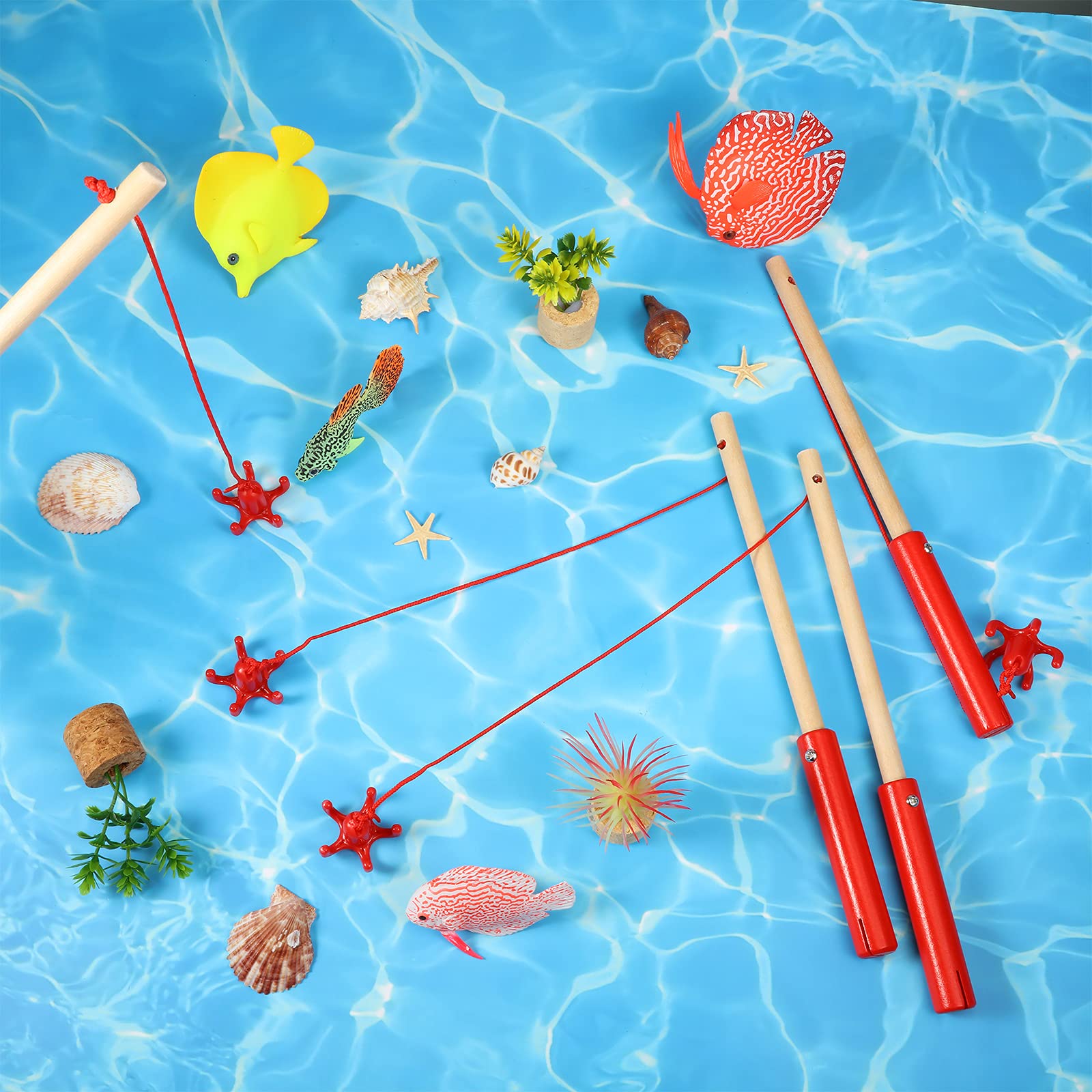 Juinipe 4 Pieces Magnetic Fishing Poles Wooden Magnet Fishing Rods Magnetic Fishing Games for Wooden Magnetic Fishing Games for Kindergarten Preschool Boys Girls