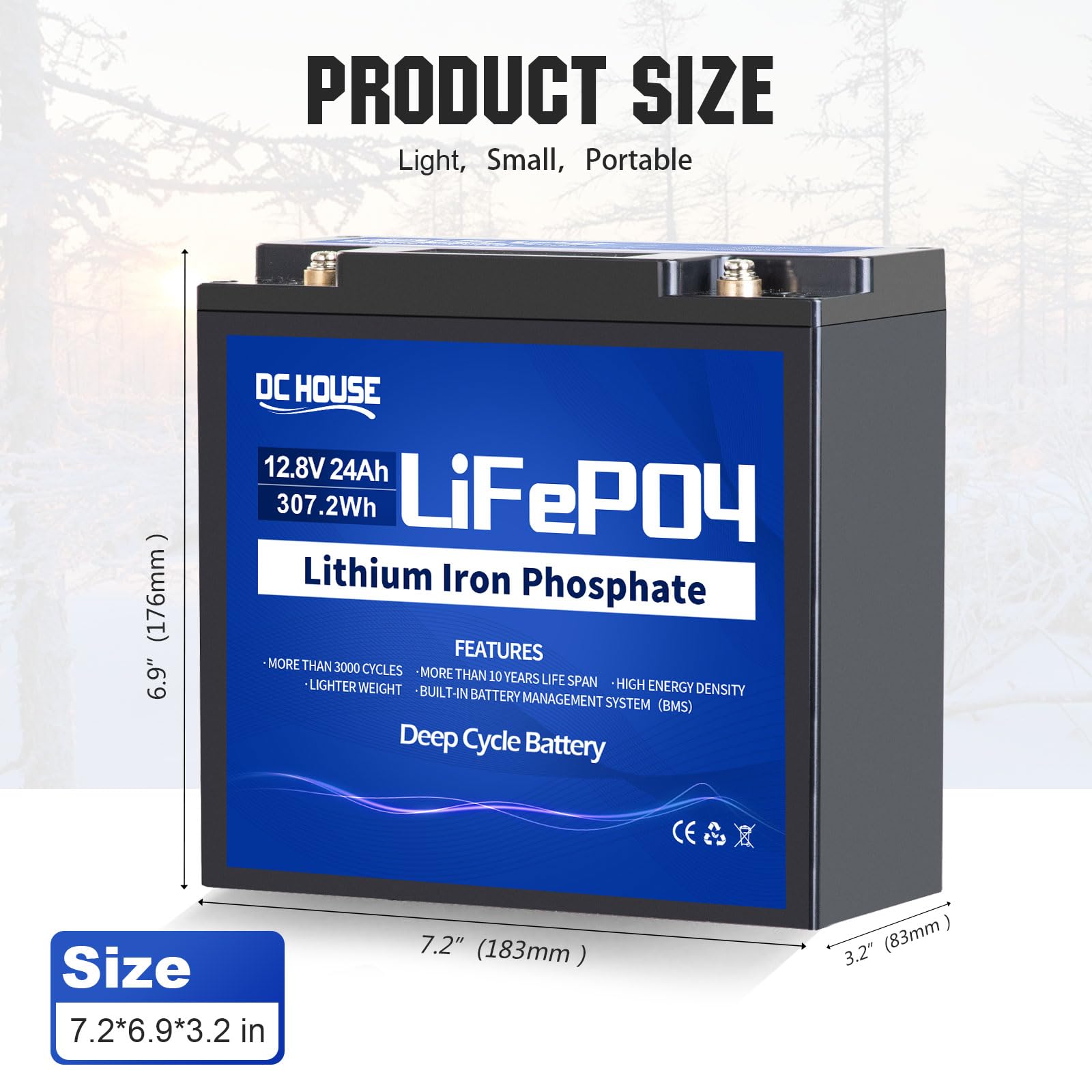 DC HOUSE 12V 24Ah Lithium Battery, 24Ah LiFePO4 Deep Cycle Battery, 3000+ Cycles, Built-in Smart BMS, Perfect for Fish Finder, Scooter, Trolling Motor, Lighting, Kids Ride on Car