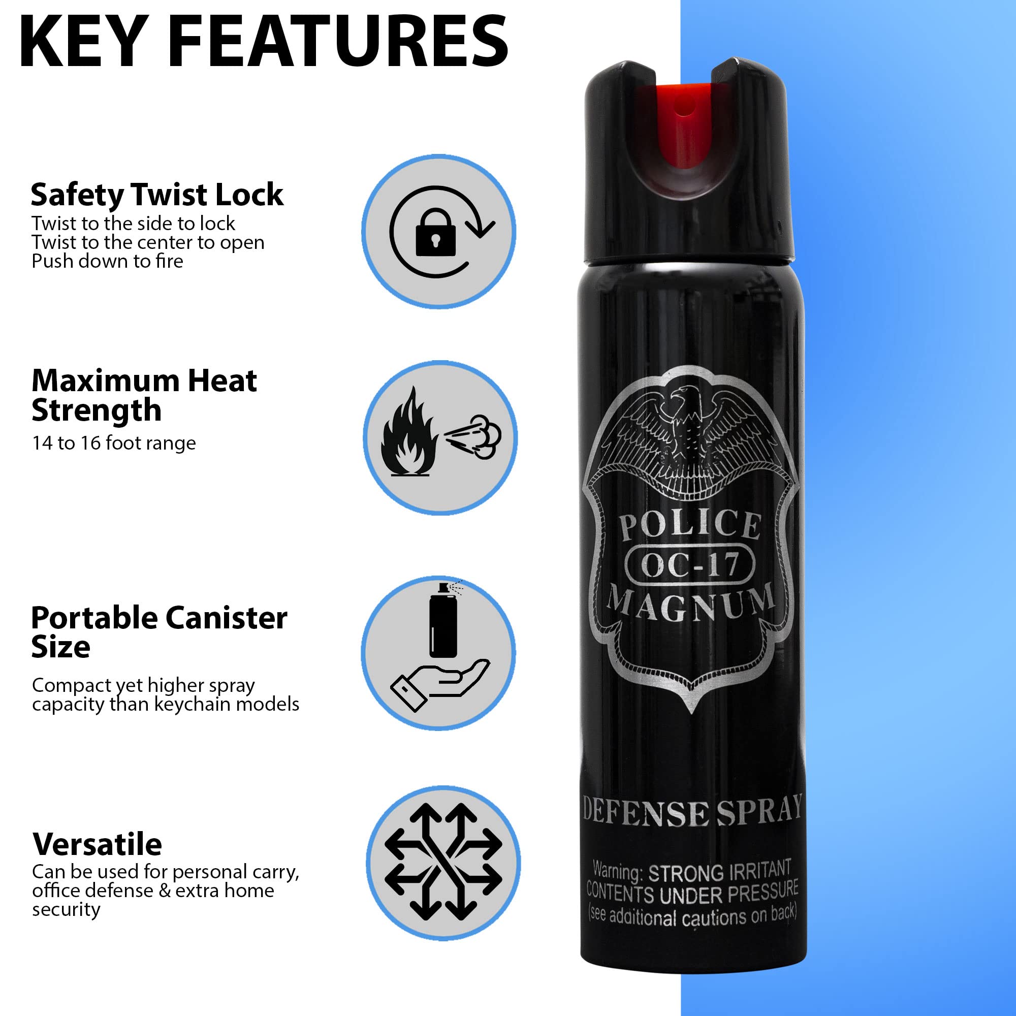 POLICE MAGNUM Large Pepper Spray Max Strength Portable Security- 16 ft Range- Made in The USA- 4oz Twist Lock (Red)