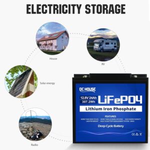 DC HOUSE 12V 24Ah Lithium Battery, 24Ah LiFePO4 Deep Cycle Battery, 3000+ Cycles, Built-in Smart BMS, Perfect for Fish Finder, Scooter, Trolling Motor, Lighting, Kids Ride on Car