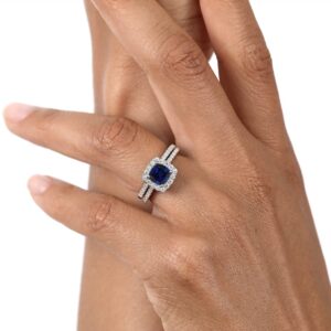 Gem Stone King 925 Sterling Silver Blue Created Sapphire and Moissanite Wedding Engagement Ring Band Bridal Set For Women (1.52 Cttw, Cushion 6MM, Available in size 5, 6, 7, 8, 9)