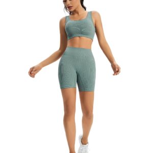 Chiphell Ribbed Workout Sets for Women 2 Piece Square Neck Crop Top and High Waist Biker Shorts Seamless Activewear Tracksuit