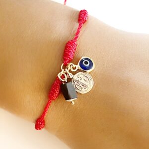 LESLIE BOULES Red Thread Saint Benedict Bracelet Blue Evil Eye & Genuine Azabache Stone Pendants Handmade Jewelry