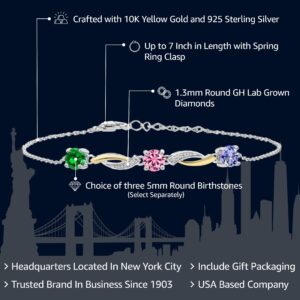 Gem Stone King 925 Sterling Silver and 10K Yellow Gold Customized and Personalized 3 Gemstone Birthstones and White Lab Grown Diamond 7 Inch Tennis Bracelet For Women with 1 Inch Extender