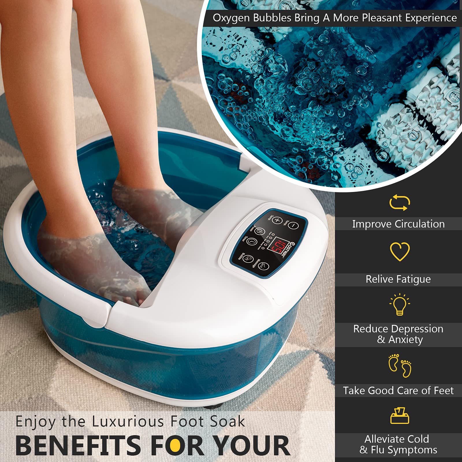 COSTWAY Foot Spa/Bath Massager, with Heat & Bubbles & 6 Electric Massage Rollers, Circulating Heating System, Temperature & Time Control, Foot Tub Soaking for Fatigue Release, Home Use (Blue)