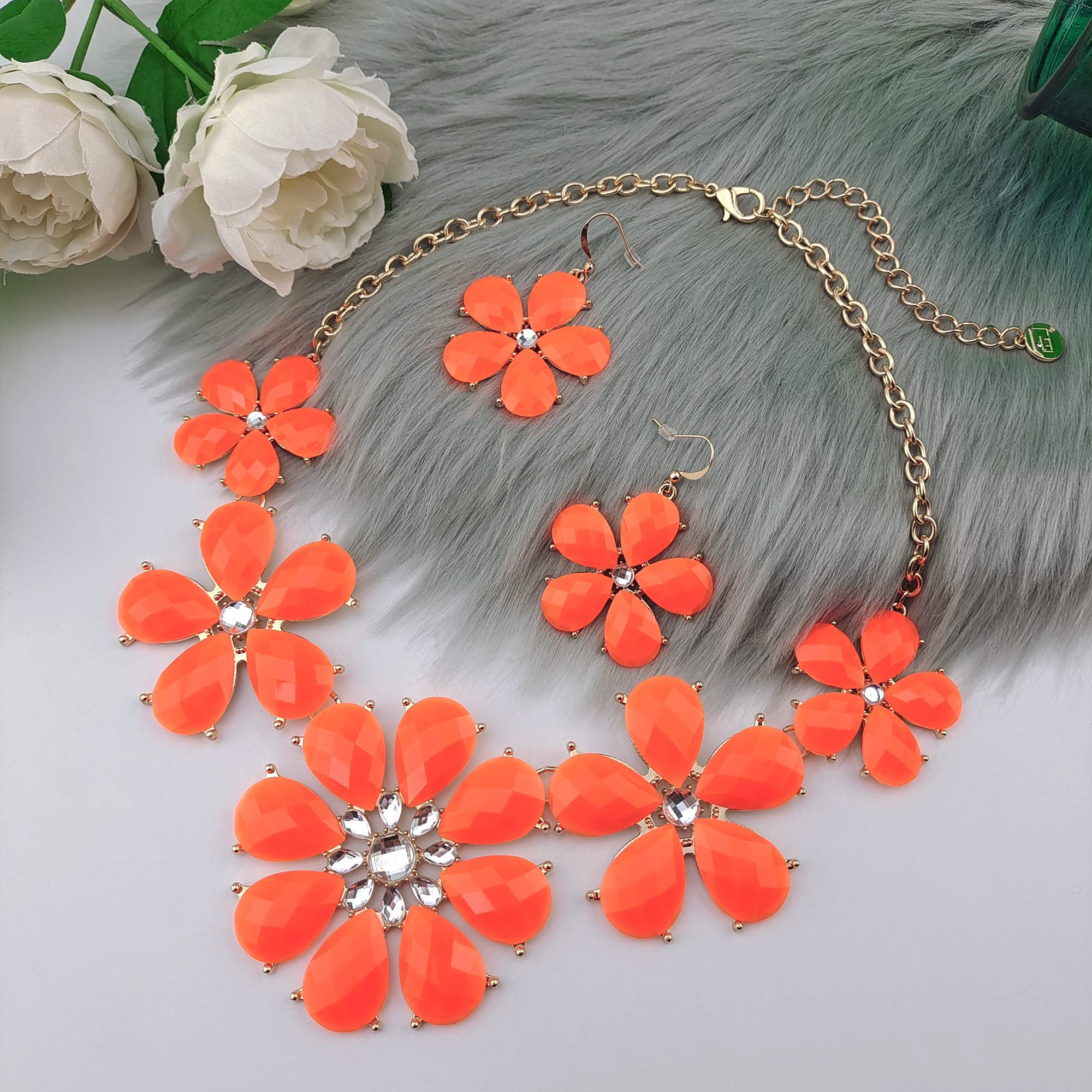 Firstmeet Shiny Flower Statement Collar Necklace with Earrings(XL-1104-Orange A)