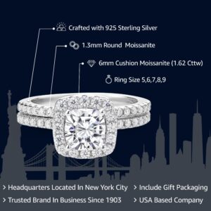 Gem Stone King 925 Sterling Silver Moissanite Women Wedding Engagement Ring Band Bridal Set (1.62 Cttw, Available in size 5, 6, 7, 8, 9)