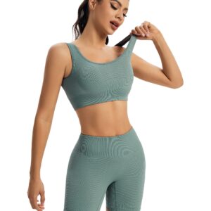 Chiphell Ribbed Workout Sets for Women 2 Piece Square Neck Crop Top and High Waist Biker Shorts Seamless Activewear Tracksuit