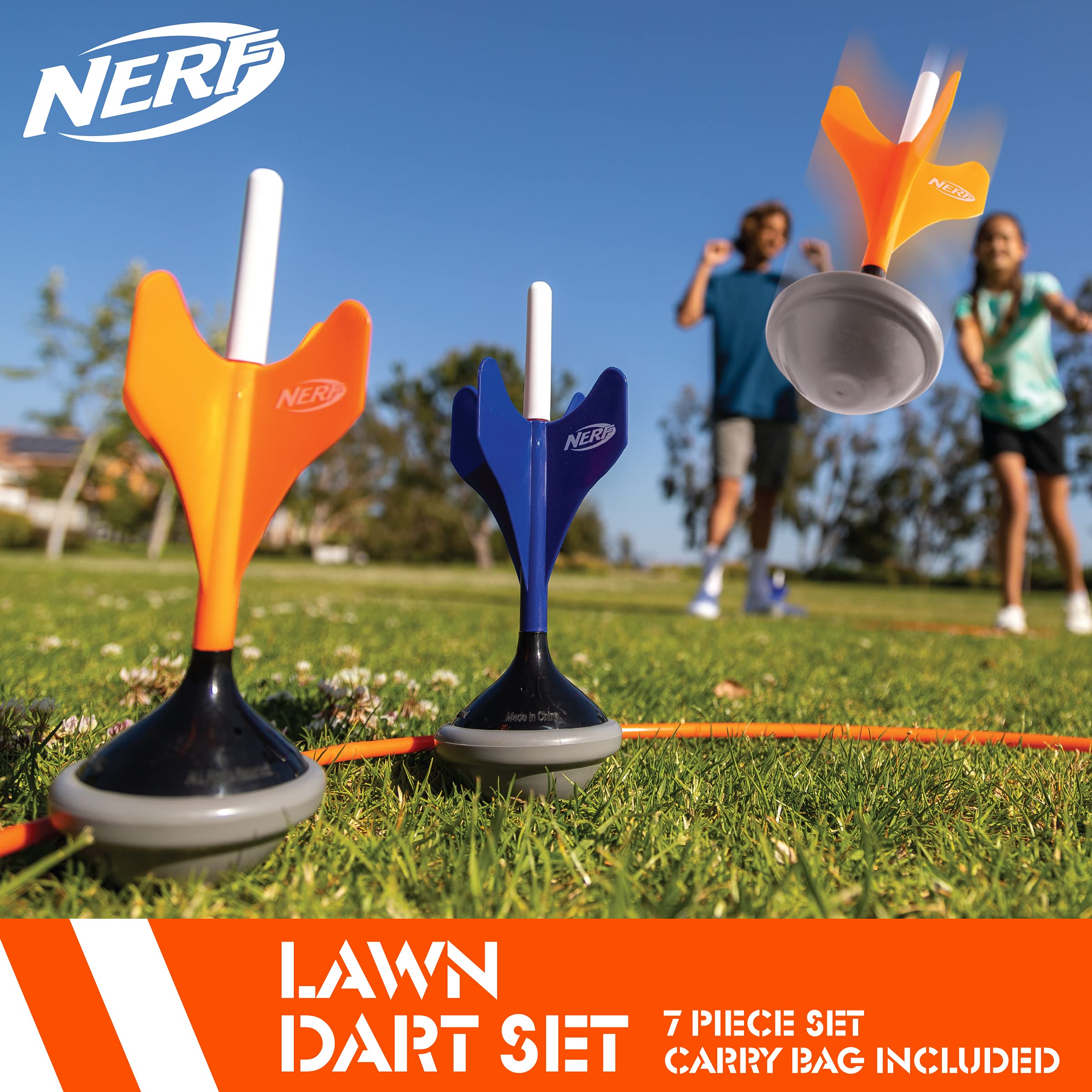 Nerf Soft Tip Lawn Dart Set, Outdoor Backyard Game for Kids & Adults, Includes 4 Lawn Darts, 2 Target Rings, Storage Bag, Fun & Safe Summer Activity for Beach, Yard, Camping, Pool