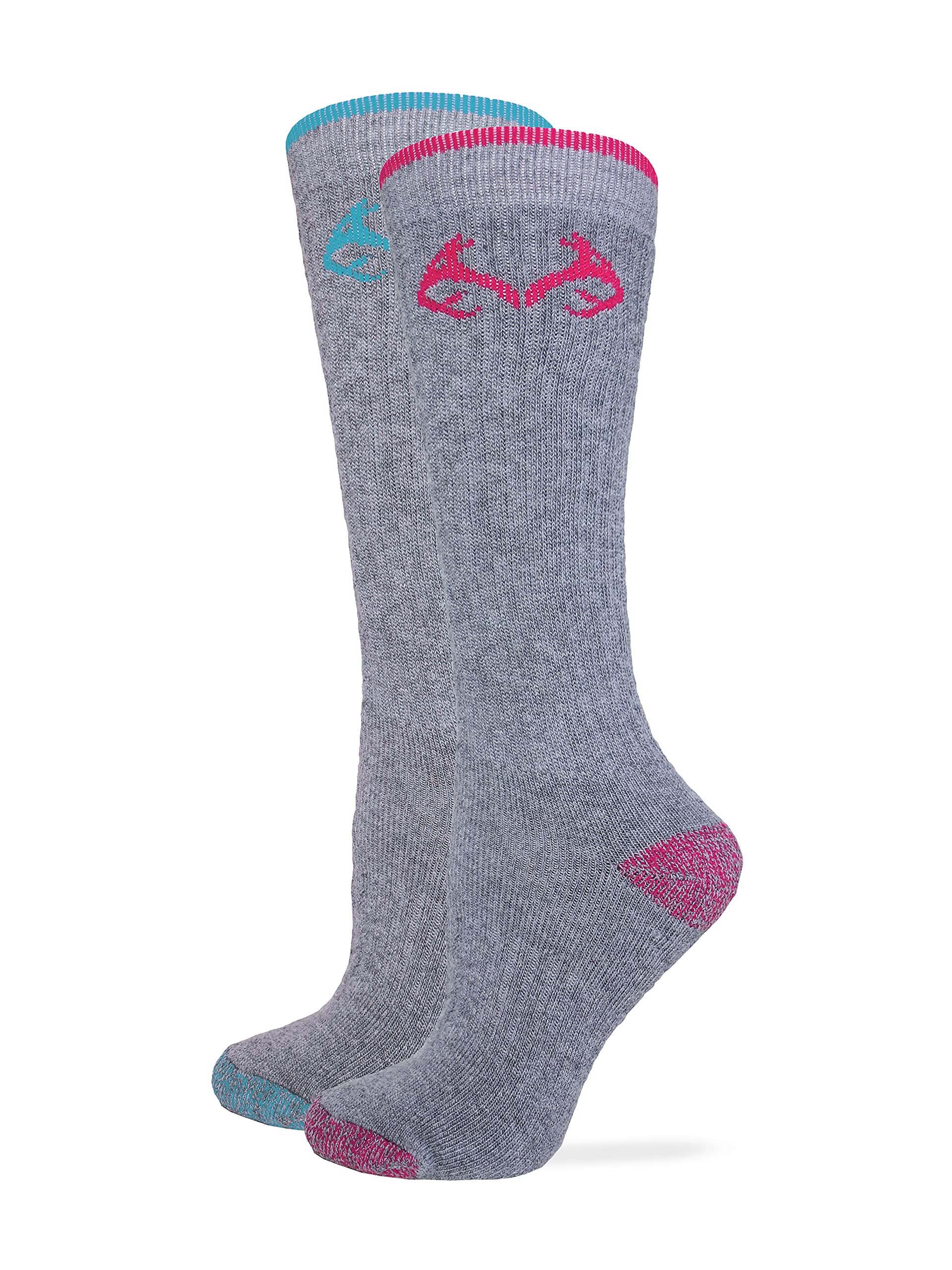 Realtree Ladies Moisture Wicking Wool Blend Crew Boot Socks 2 Pair Pack (Teal/Fuchsia, Medium)