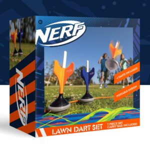 Nerf Soft Tip Lawn Dart Set, Outdoor Backyard Game for Kids & Adults, Includes 4 Lawn Darts, 2 Target Rings, Storage Bag, Fun & Safe Summer Activity for Beach, Yard, Camping, Pool