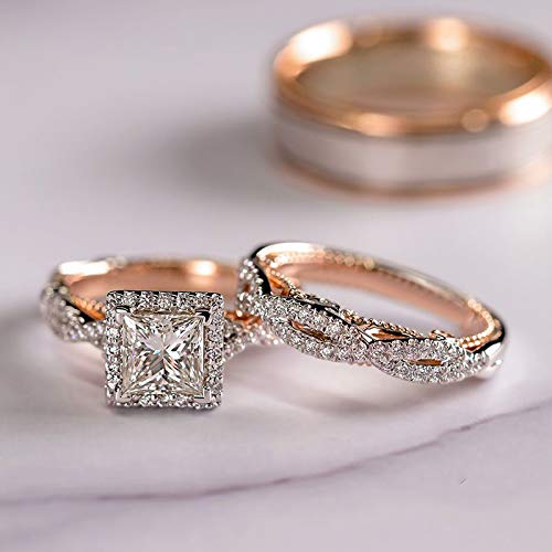 SCHZBSP 18K rose gold plated color separation sparkling diamond engagement wedding ring set princess cut cubic zirconia ring luxury women's three-piece ring (7)