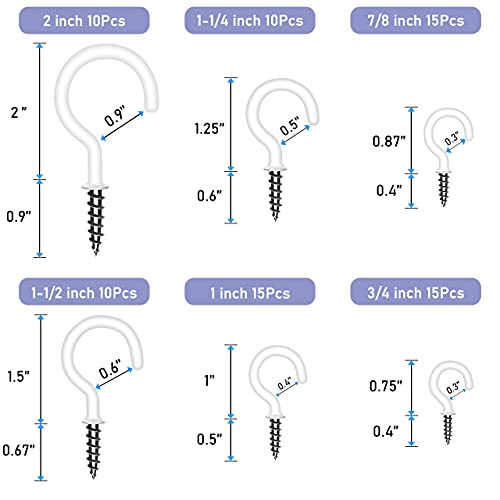 EIENHOSHI Ceiling Hooks, Cup Hooks Screw in Hooks for Hanging, White Vinyl Coated Hooks Kit (2", 1-1/2", 1-1/4", 1'', 7/8", 3/4") -75 Pcs, Small to Heavy Duty