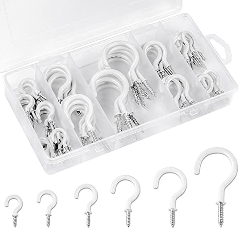 EIENHOSHI Ceiling Hooks, Cup Hooks Screw in Hooks for Hanging, White Vinyl Coated Hooks Kit (2", 1-1/2", 1-1/4", 1'', 7/8", 3/4") -75 Pcs, Small to Heavy Duty