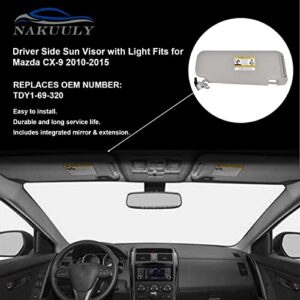 Nakuuly Left Driver Side Sun Visor with Mirror Light Compatible with Mazda CX-9 2010-2015 Replaces TDY1-69-320, TD11-69-320C-75, TD11-69-320D-75 Gray