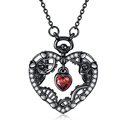 ONEFINITY Heart Necklace Sterling Sliver Steampunk Black Gothic Skull Necklace Punk Pandent Skull Jewelry Birthday Gifts for Women Her