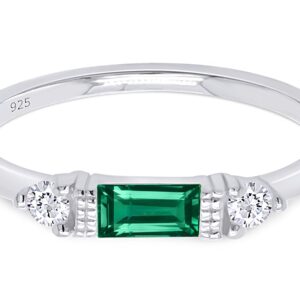 AFFY Baguette Cut Simulated Emerald And White Cubic Zirconia In 14K White Gold Plated 925 Sterling Silver Three Stone Design Bridal Engagement Wedding Ring Jewelry For Women Size -7