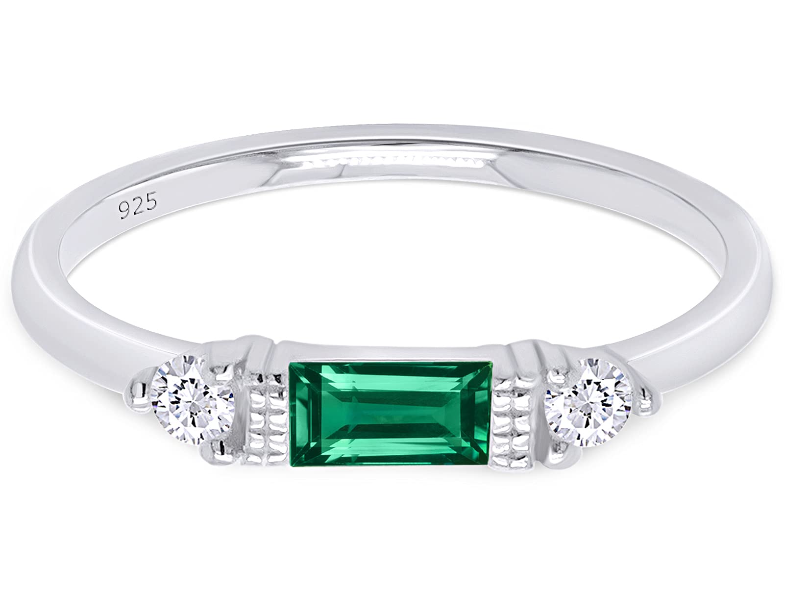 AFFY Baguette Cut Simulated Emerald And White Cubic Zirconia In 14K White Gold Plated 925 Sterling Silver Three Stone Design Bridal Engagement Wedding Ring Jewelry For Women Size -7