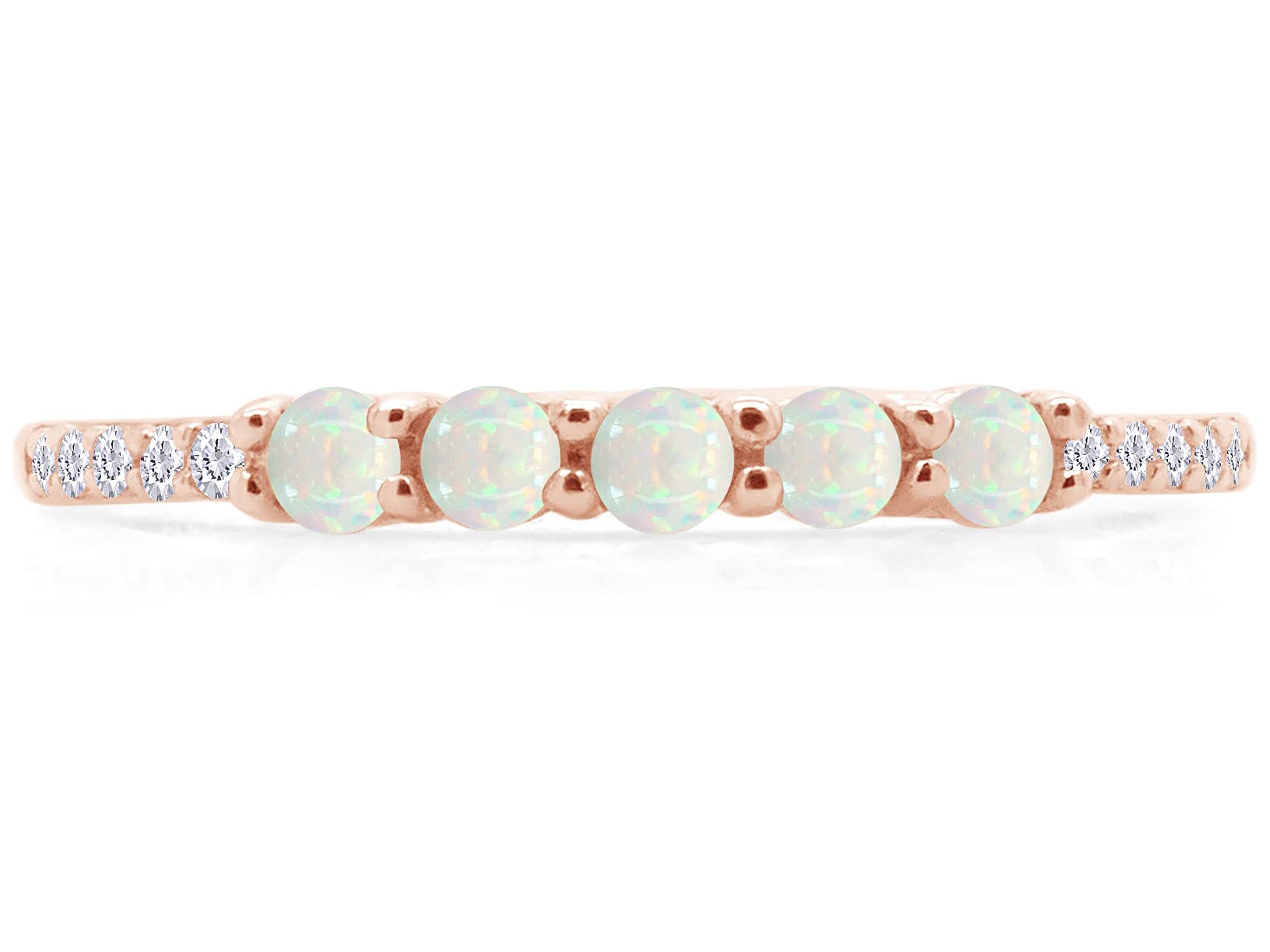 AFFY Five Stone Design, Dainty 14k Rose Gold Plated 925 Sterling Silver Round Cut Created Opal And Cubic Zirconia Stackable Ring Jewelry For Women Size -6