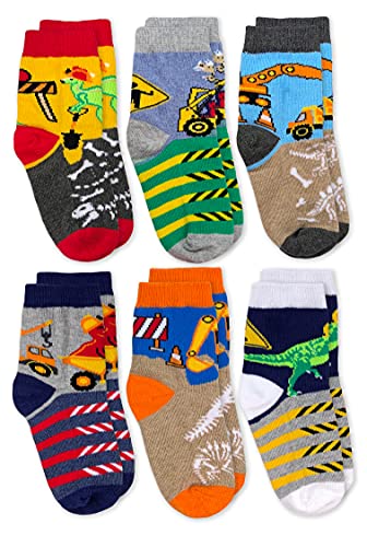 Jefferies Socks Boy's Dinosaur Construction Crew Socks 6 Pack, Multi, Small