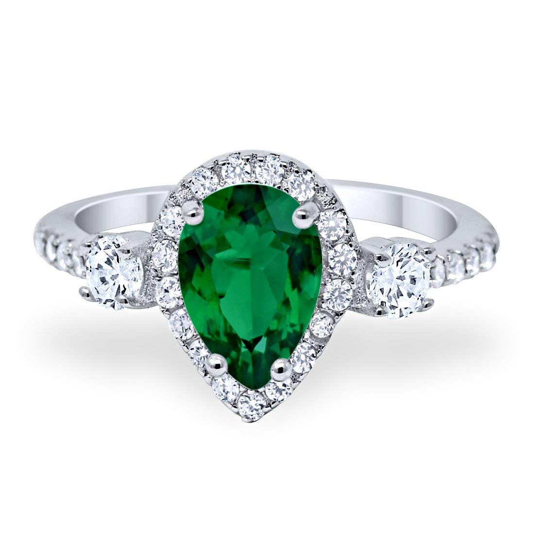 Blue Apple Co. Simulated Green Emerald CZ Size-11 Halo Teardrop Fashion Bridal Ring Pear Round Simulated Cubic Zirconia 925 Sterling Silver