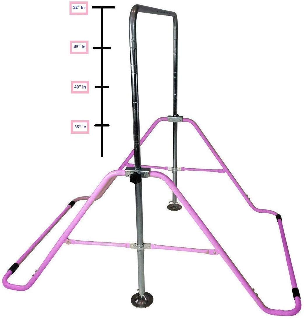 Gymnastics Bar for Kids Horizontal Kip Bar Jungle Gym with 8'x'4 EVA Puzzle Mat, Junior Training Monkey Bars Home Gym Adjustable Height Expandable Junior Training Bar Indoor Foldable (Pink)