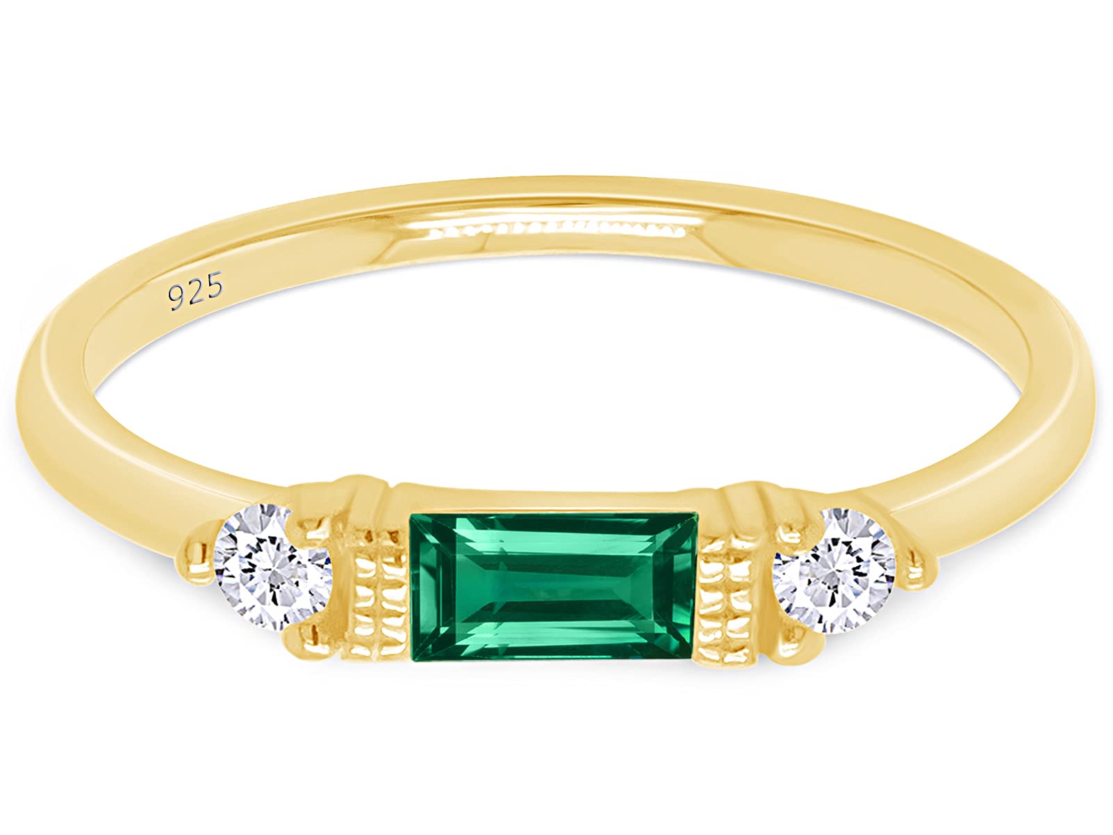 AFFY Baguette Cut Simulated Emerald And White Cubic Zirconia In 14K Yellow Gold Plated 925 Sterling Silver Three Stone Design Bridal Engagement Wedding Ring Jewelry For Women Size -6