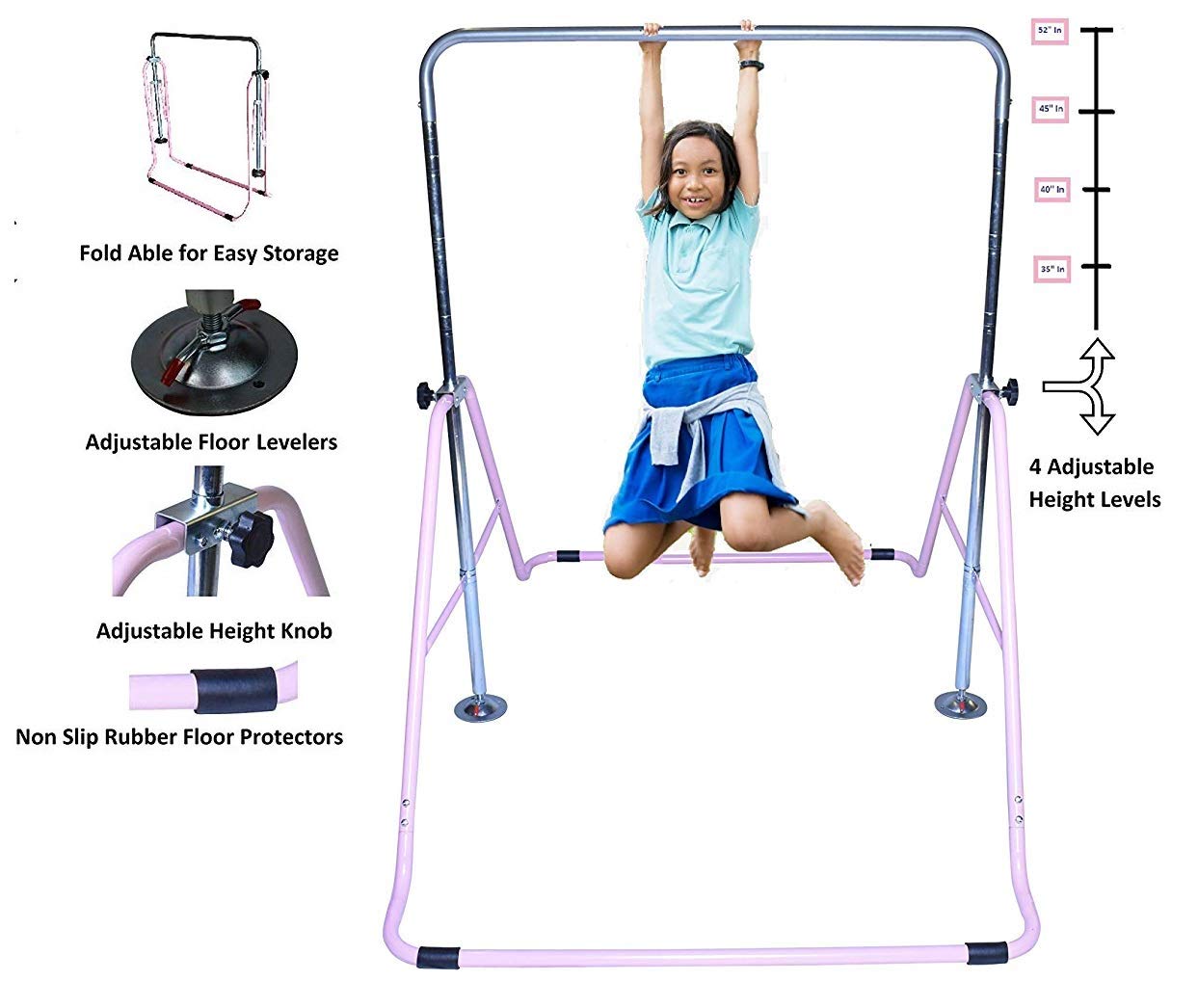 Gymnastics Bar for Kids Horizontal Kip Bar Jungle Gym with 8'x'4 EVA Puzzle Mat, Junior Training Monkey Bars Home Gym Adjustable Height Expandable Junior Training Bar Indoor Foldable (Pink)