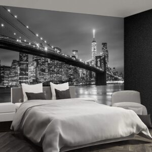 Fightal - Grey New York Mural Wallpaper Brooklyn Bridge Wall Paper Wall Mural City Scape Large Wallpaper for Living Room Bedroom 151"x105"（It's It's not Peel and Stick.）