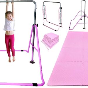 Gymnastics Bar for Kids Horizontal Kip Bar Jungle Gym with 8'x'4 EVA Puzzle Mat, Junior Training Monkey Bars Home Gym Adjustable Height Expandable Junior Training Bar Indoor Foldable (Pink)