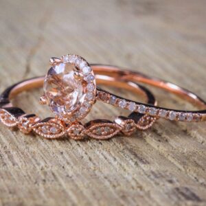 Koguxuix 18K Rose Gold Ring Set Pink Elegant Morganite CZ Crystal Gemstone Wedding Bridal Ring Set (9)