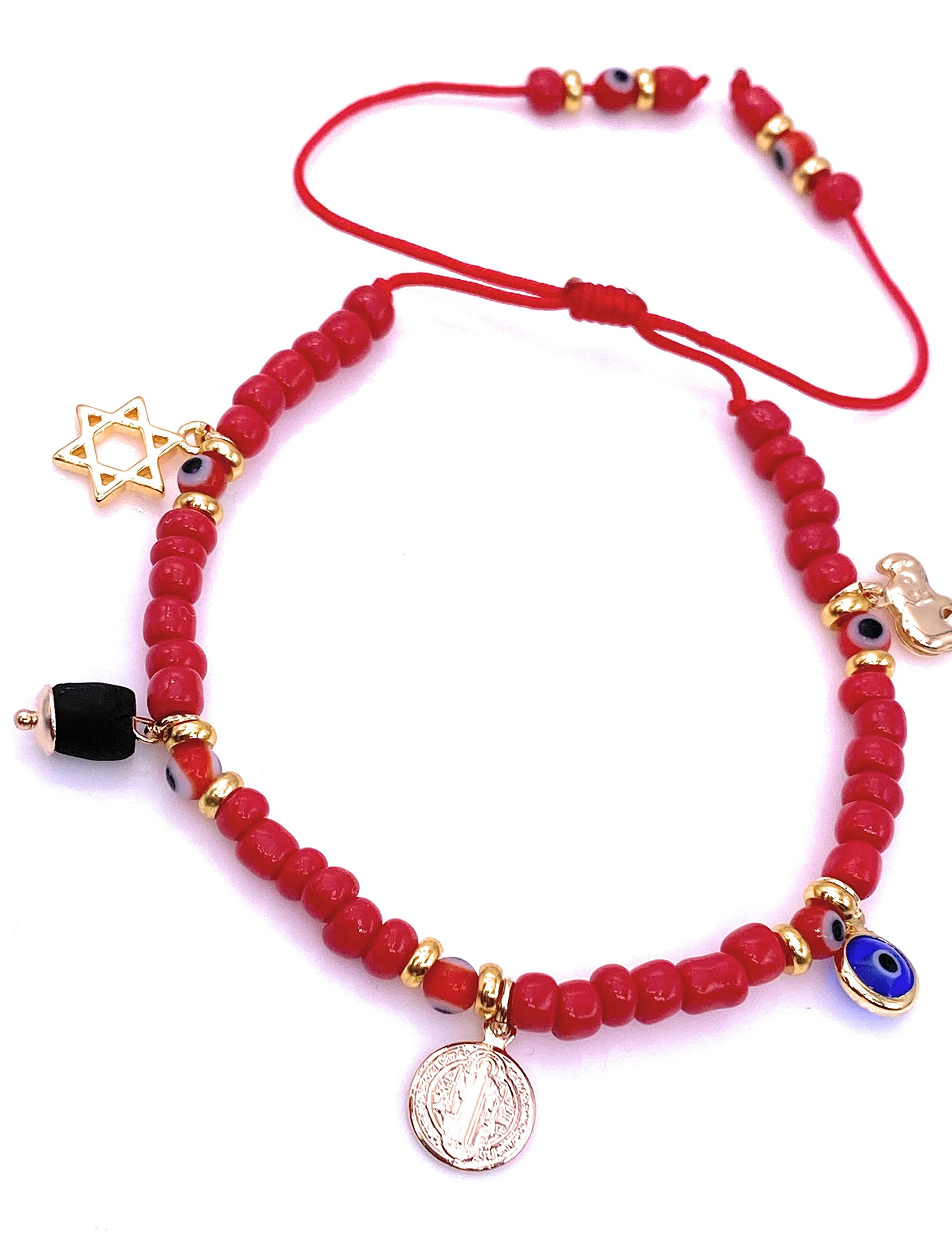 LESLIE BOULES Saint Benedict Protection Red Bracelet for Women Lucky Multi Charms & Genuine Azabache Pendant