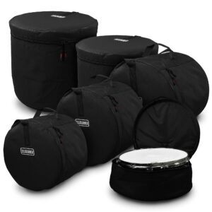 drum cases (5 piece) - travel drum bags set for standard kits - rugged design & thick padding for your drumset protection- includes 22" kick bag, 12" tom case, 13 tom, 16" tom, 14" snare