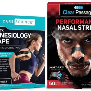 Care Science Waterproof Kinesiology Tape, 40 ct, Precut Strips (2 Rolls), Black + Clear Passage Performance Nasal Strips for Athletes, Black, 50 Count Bundle