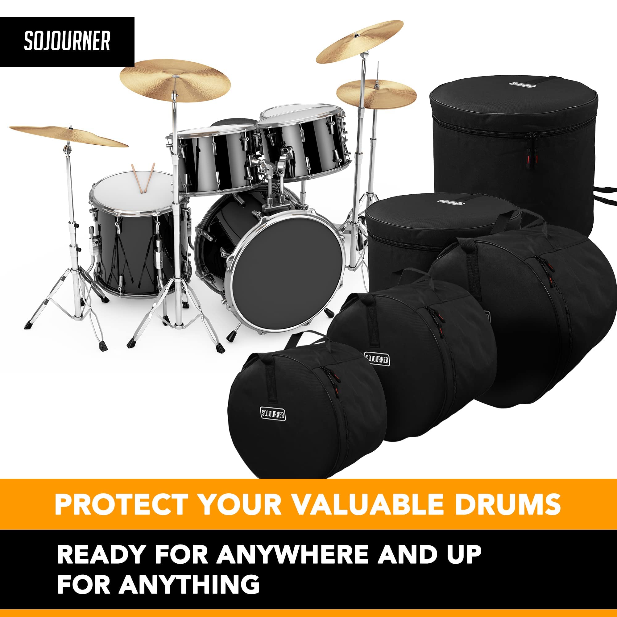 Drum Cases (5 Piece) - Travel Drum Bags Set for Standard Kits - Rugged Design & Thick Padding for Your Drumset Protection- Includes 22" Kick Bag, 12" Tom Case, 13 Tom, 16" Tom, 14" Snare