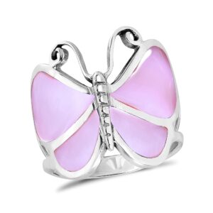 aeravida captivating butterfly motif pink mop statement .925 sterling silver ring | classic butterfly wedding rings for women | casual comfort fit women ring | gift for women size (8)