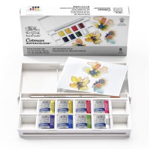 winsor & newton cotman watercolor paint set, 8 half pan, floral colors w/ brush