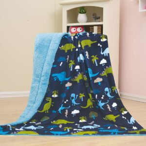 Marina Decoration Reversible Rich Printed Woven Fluffy Plush Soft Warm Flannel Fleece Sherpa Kids Children Blanket, 30 x 40 Inch Green Blue Color Dinosaur Zoo with Navy Blue Base Pattern