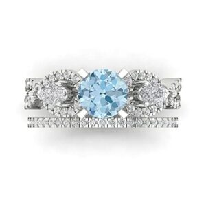 Clara Pucci 2.1ct Round Pear Cut Laser Engraving 3 stone Natural Aquamarine Designer Statement Ring Band Set 18K White Gold Size 8.75