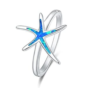 Cuoka Starfish Rings for Women, 925 Sterling Silver with Blue Opal Promise Hawaiian Beach Nautical Ocean Statement Fidget Ring Jewelry Birthday For Friend Wife