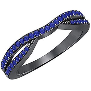 indi gold & diamond jewelry created round cut blue sapphire gemstone 925 sterling silver 14k black gold finish diamond contour wedding guard band ring for women's