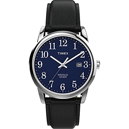 Timex Men's Easy Reader 38mm Watch – Silver-Tone Case Blue Dial with Black Leather Strap