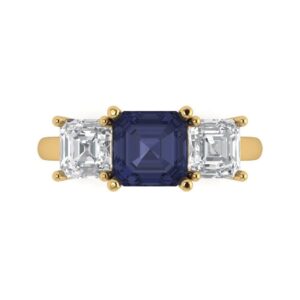 Clara Pucci 3.35 Square Emerald Baguette Cut Engraving 3 stone Faux Blue Sapphire Designer Solitaire Statement Ring 18K Yellow Gold 10.5