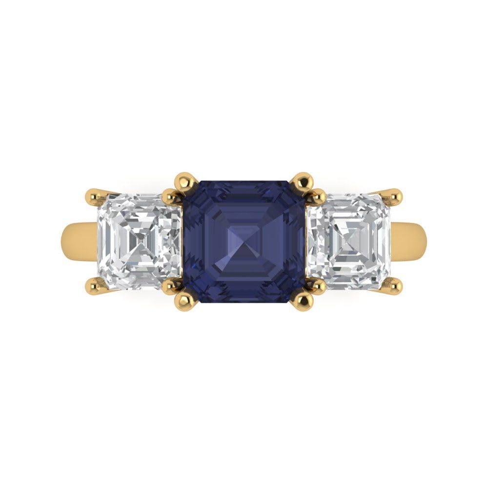 Clara Pucci 3.35 Square Emerald Baguette Cut Engraving 3 stone Faux Blue Sapphire Designer Solitaire Statement Ring 18K Yellow Gold 10.5