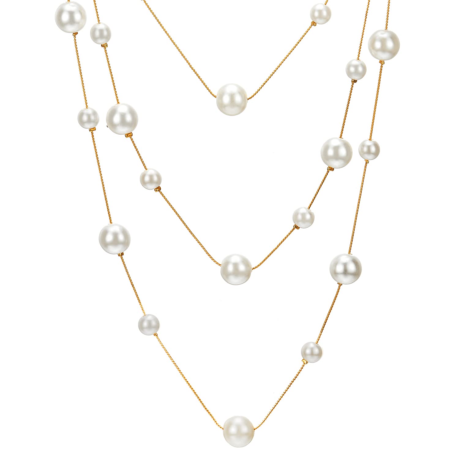 Gold White Statement Necklace Three-Strand Long Chains with Synthetic Pearl Beads, Elegant, Dress