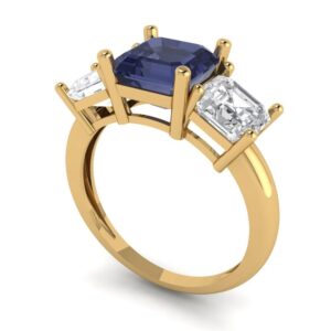 Clara Pucci 3.35 Square Emerald Baguette Cut Engraving 3 stone Faux Blue Sapphire Designer Solitaire Statement Ring 18K Yellow Gold 10.5