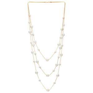 gold white statement necklace three-strand long chains with synthetic pearl beads, elegant, dress