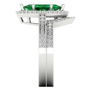 2.26ct Marquise Round Cut Laser Engraving Pave Halo Emerald Designer Statement Classic Ring Band Set 18K White Gold Size 3.75